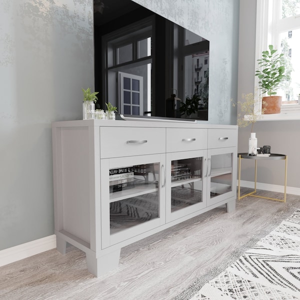 Flash Furniture Wells White 59 Inch Storage Cabinet, Engineered Wood, 3 Tempered Glass Doors and 3 Drawers EV-CA7515-01ZZ-WH-GG - main